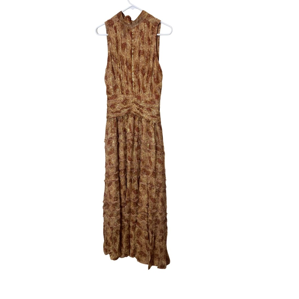 BHLDN Dress Womens 10‎ Brown Floral Pleated Metallic High Neck Maxi Gown Formal